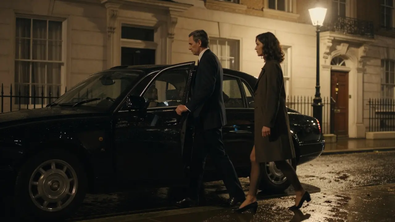 A gentleman opens a car door for a woman on a rainy London street, embodying quiet courtesy and dignity.