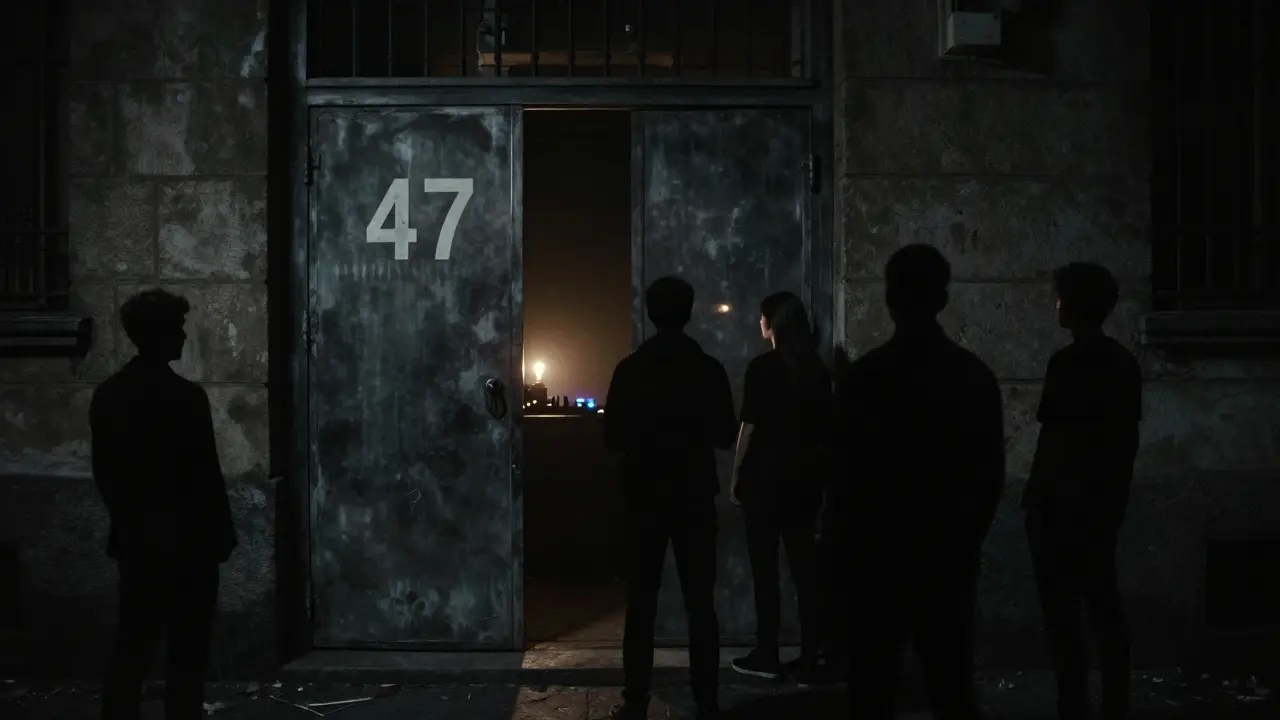 A hidden underground club entrance in Lambrate with a numbered steel door and faint light leaking from within.