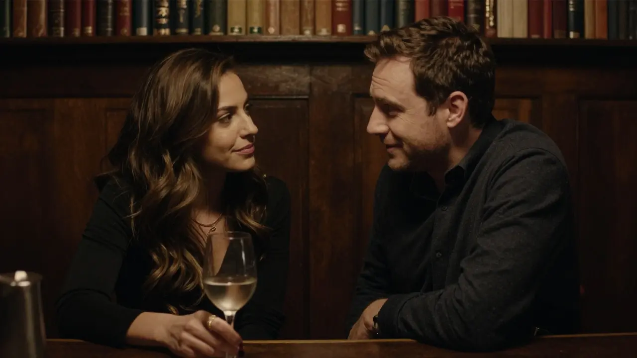 A man and woman share a quiet, attentive moment in a dimly lit London bar, no devices in sight.