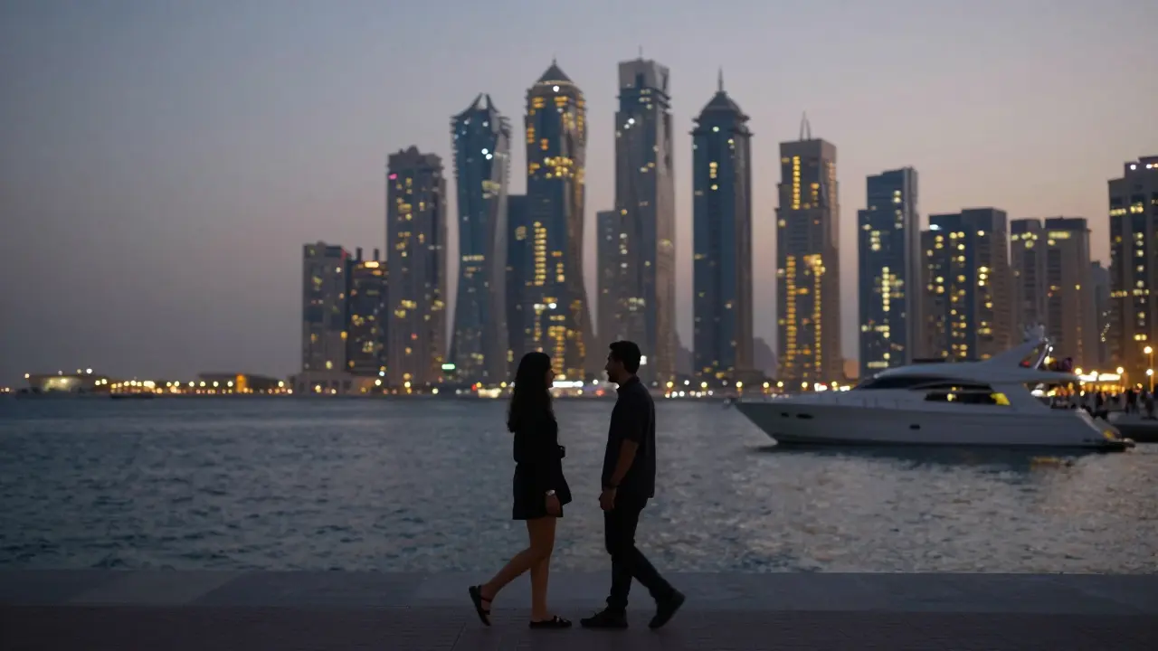 A man and woman walking peacefully along Dubai Marina at dusk, city lights glowing behind them in the twilight.