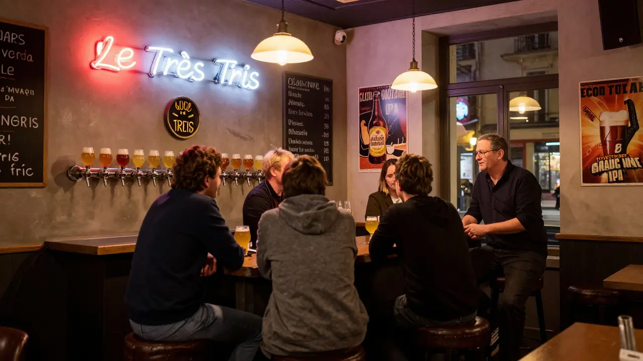 A narrow beer bar in Paris's Marais neighborhood with a 30-tap wall and visitors chatting with a visiting brewer.
