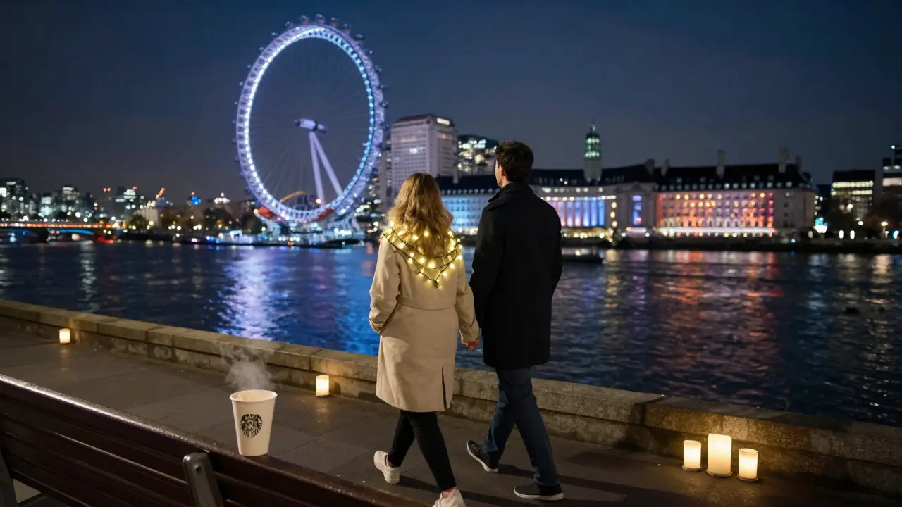 A pair walking along the Thames at night, lanterns glowing beside them, city lights reflecting on the water.