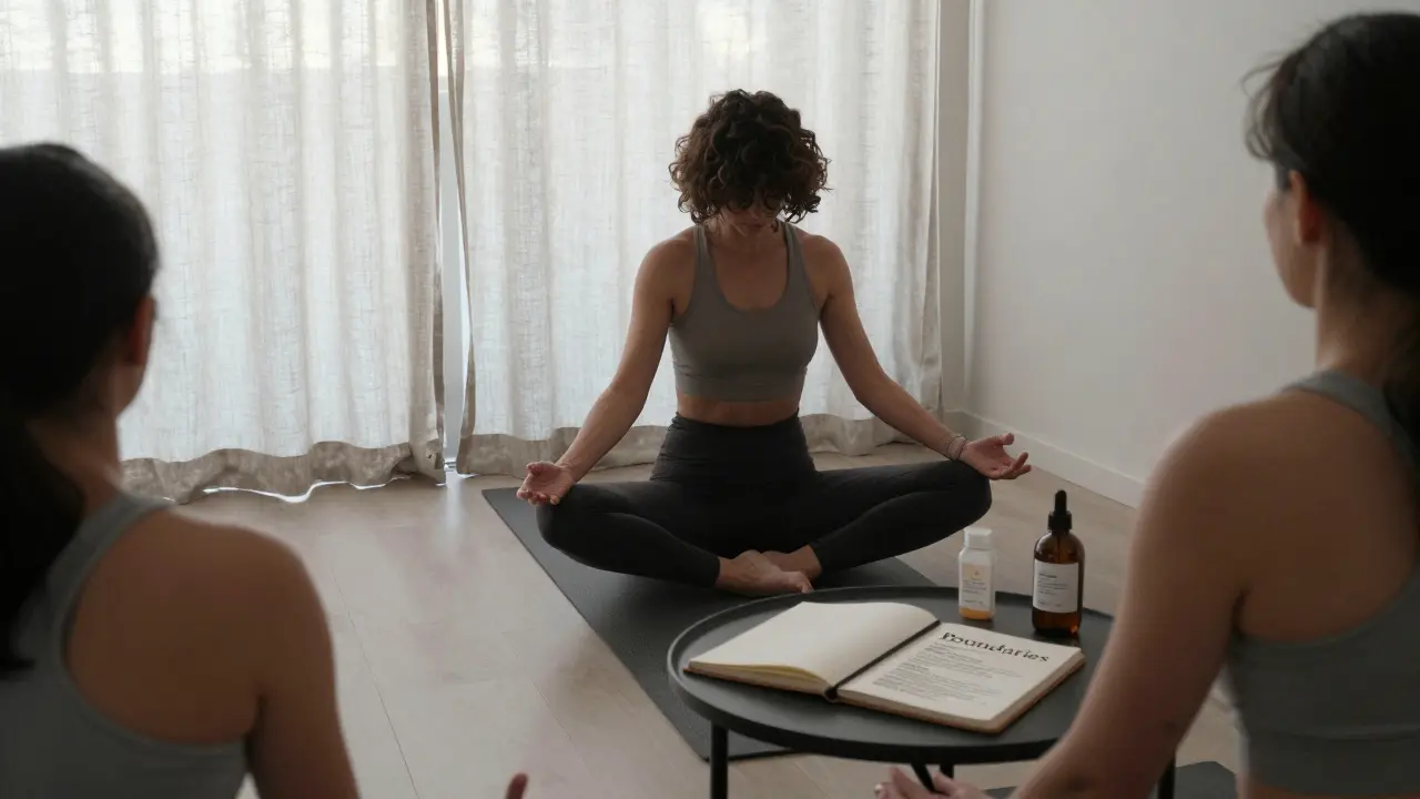 A private yoga session in a serene Milan studio, face obscured, with notebook and skincare on table.