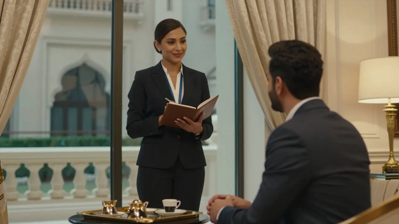 A professional companion listening attentively to a client in an elegant hotel suite.