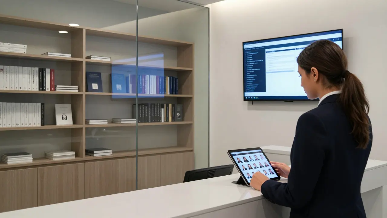 A professional escort agency office in Dubai with modern design, displaying client profiles and encrypted communication systems.