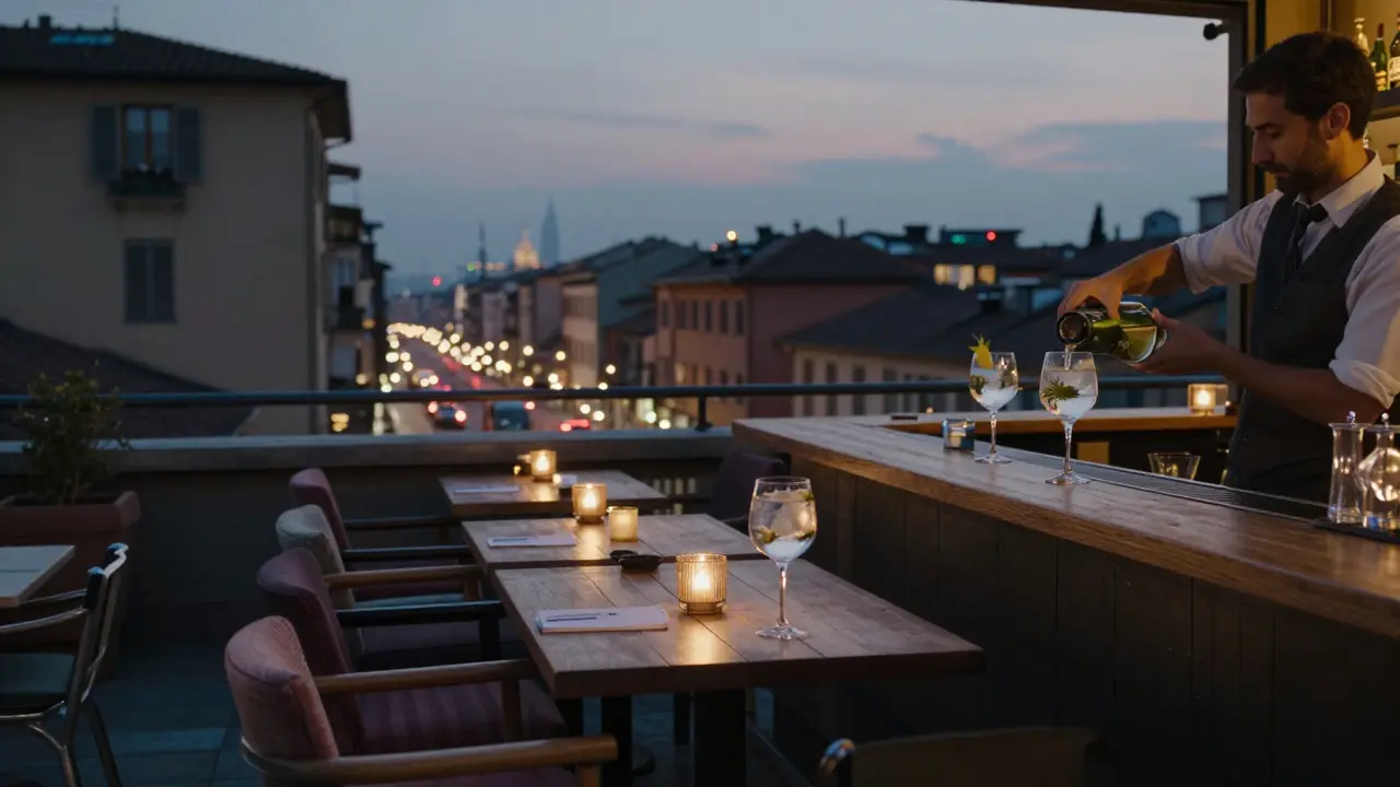 A quiet rooftop bar in Navigli with mismatched chairs and a bartender pouring drinks as the city glows behind.