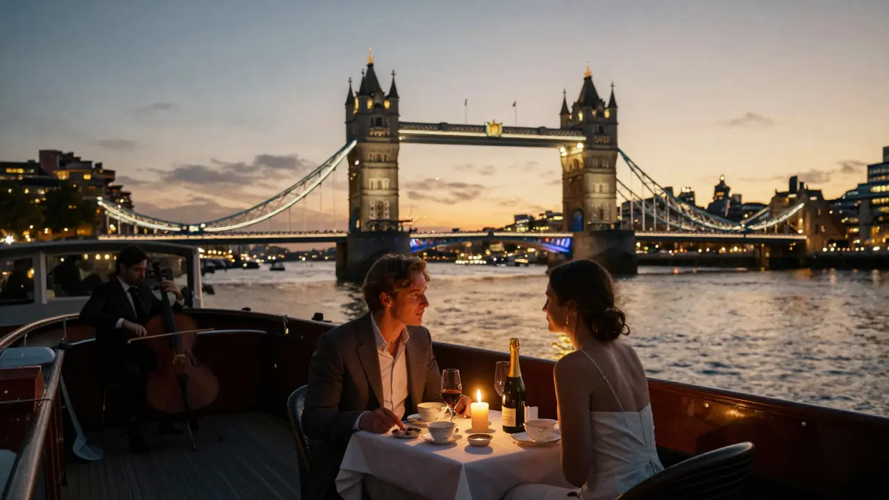 A romantic private dinner on a riverboat, candlelight and city skyline glowing in the background.