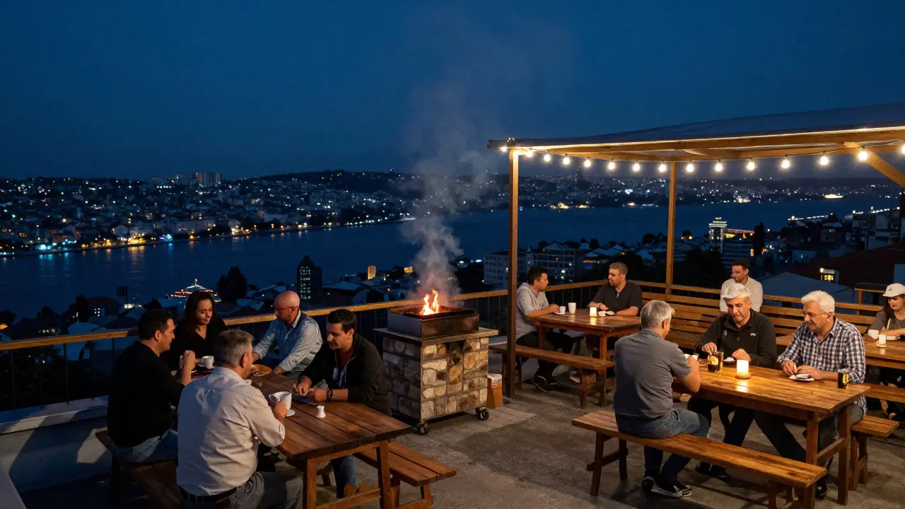A rooftop bar in Cihangir with locals watching the Bosphorus lights at midnight, no signs, just wooden tables and a wood-fired grill.
