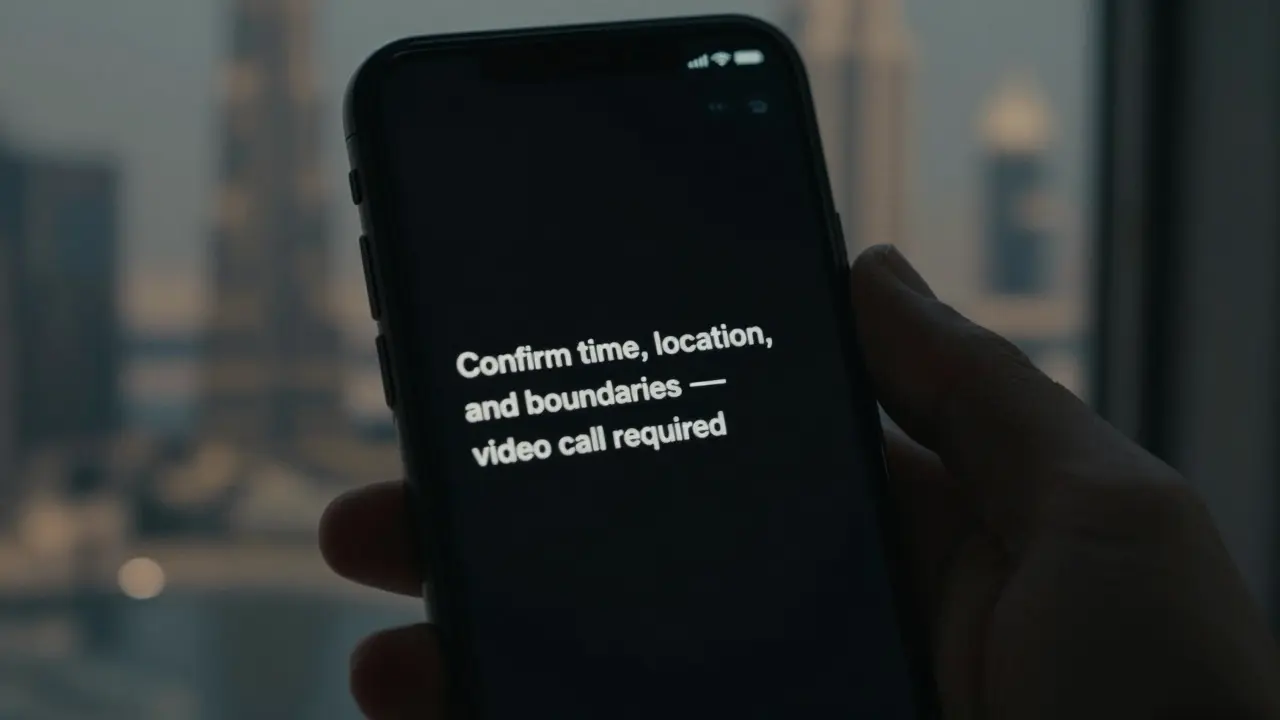 A smartphone screen displays an encrypted message about video verification before a meeting, with Dubai’s skyline reflected in the window.