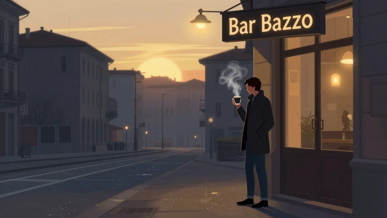 A solitary figure at dawn outside Bar Basso, coffee in hand, as the city awakens after a night out.