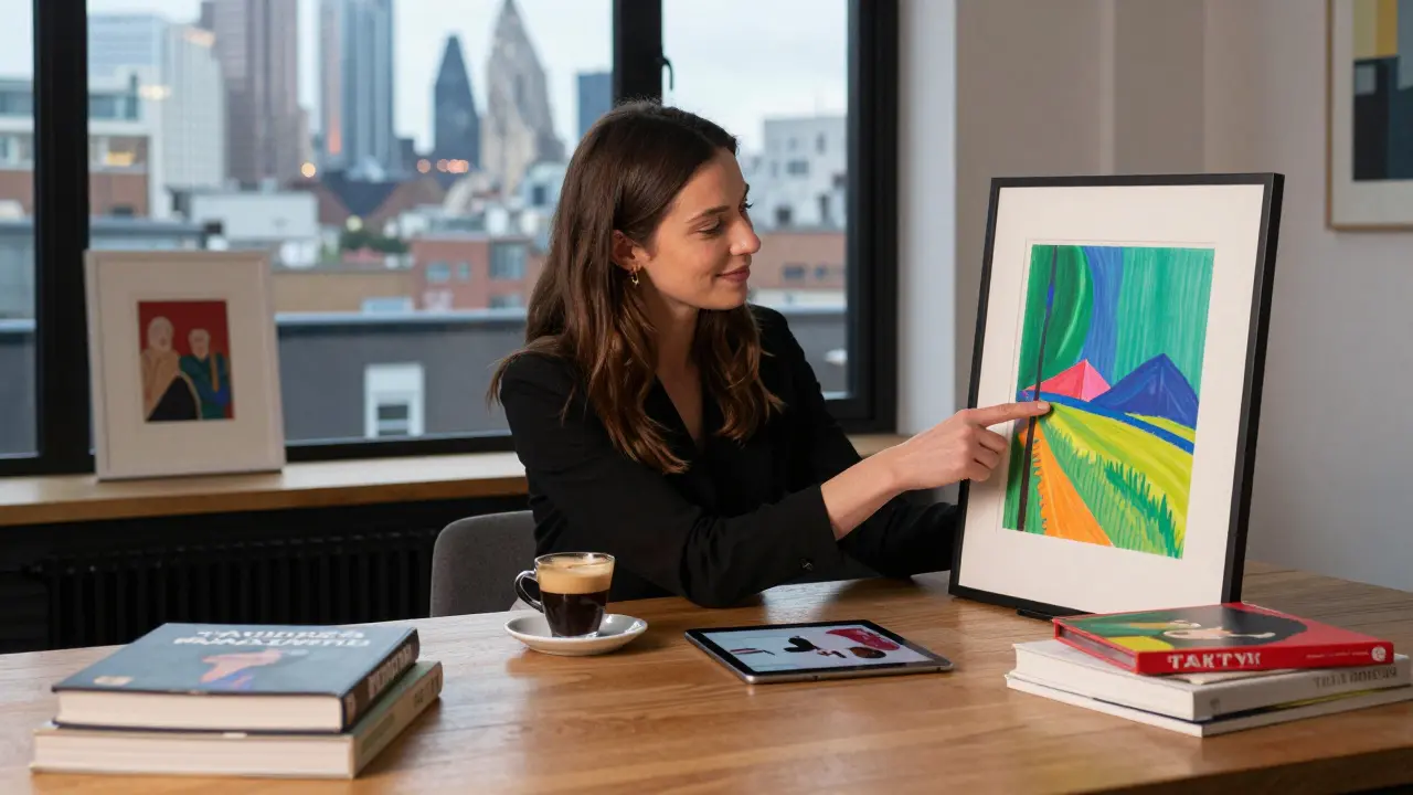 A woman in a Chelsea loft discusses a Hockney print with calm authority, surrounded by art books and city lights.