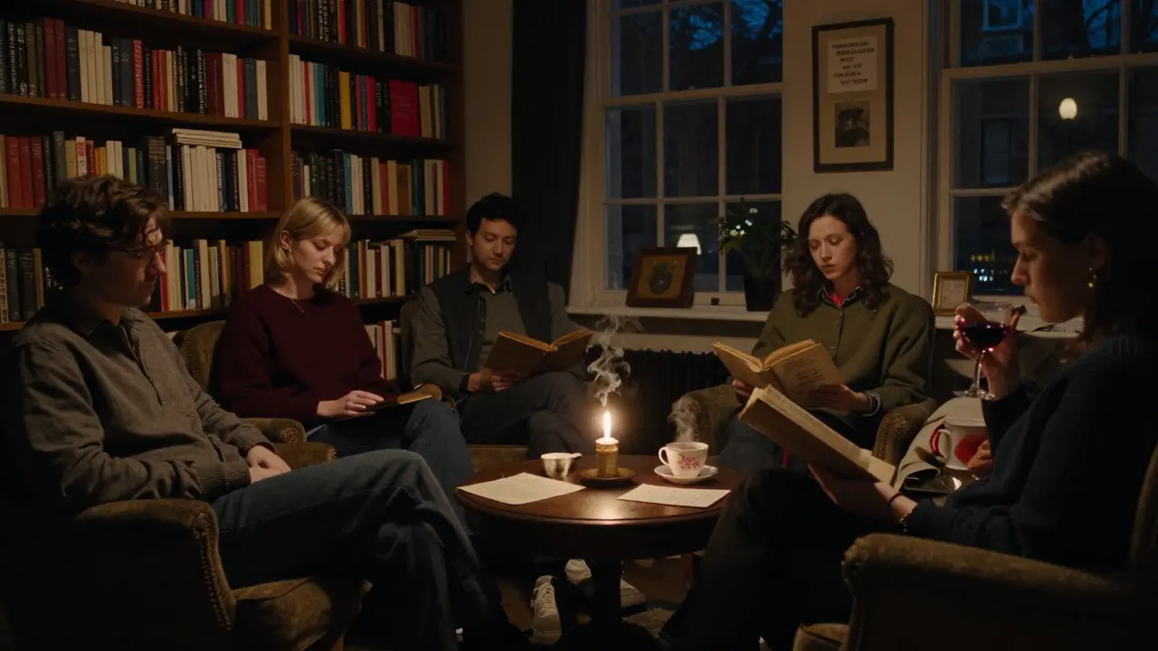 A woman reads poetry aloud in a cozy, candlelit bookshop at midnight, surrounded by quiet listeners.