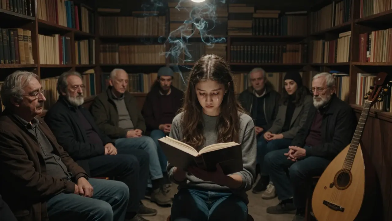 A young girl reading poetry in a dim basement room filled with listeners, incense rising, books lining the walls.