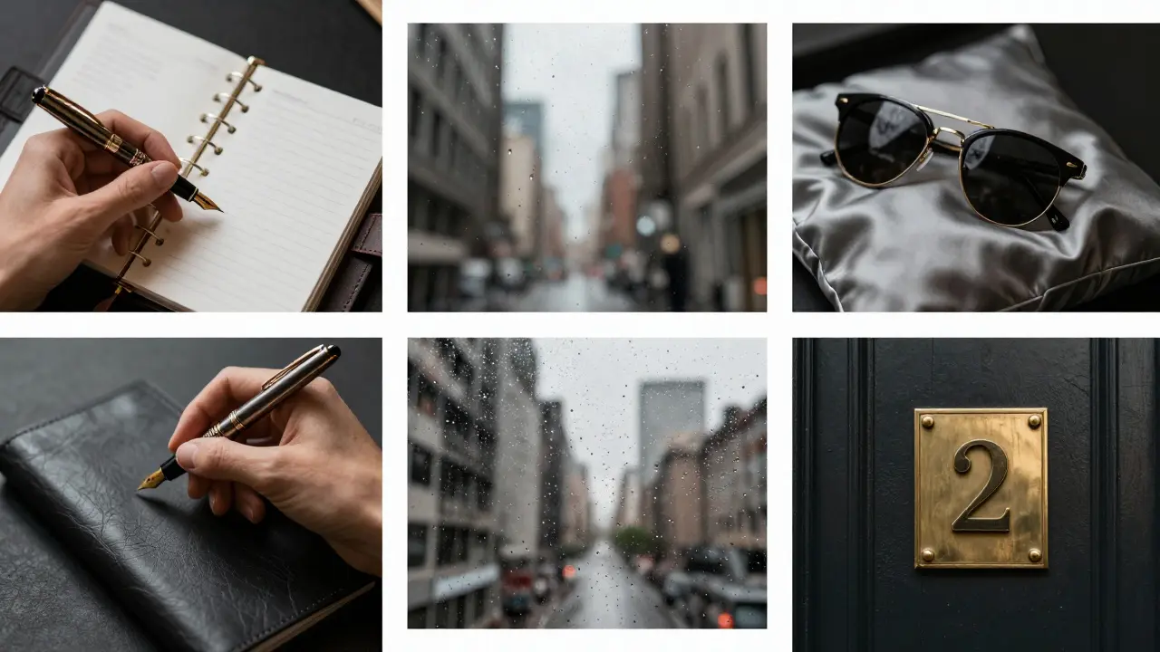 Abstract lifestyle images suggesting anonymity: sunglasses on silk, pen on planner, blurred city view.