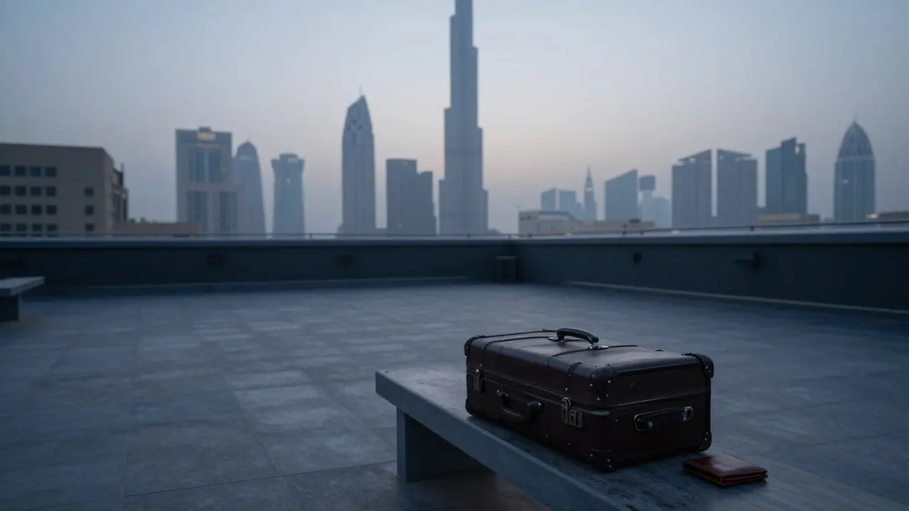 An empty rooftop terrace at dawn in Dubai, a suitcase and wallet left behind, overlooking the city — silent, abandoned, and contemplative.