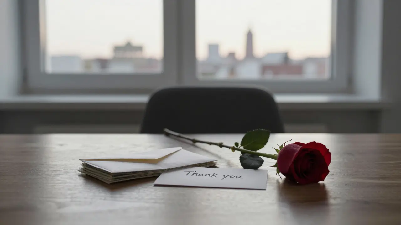 An empty table with a thank-you note and rose, symbolizing a respectful and dignified encounter.