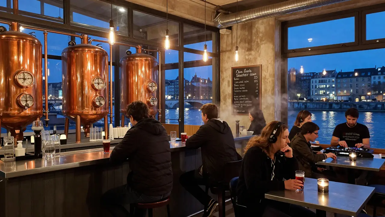An industrial-style beer bar with visible brewing tanks, patrons sipping sour beer under Edison bulbs at night.