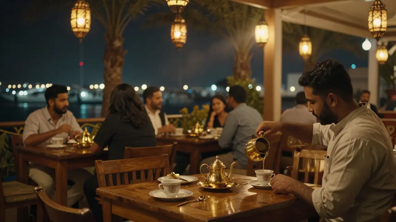 Cozy back patio of Al Fanar Restaurant at night, lit by lanterns, serving Arabic tea and coffee to quiet patrons.