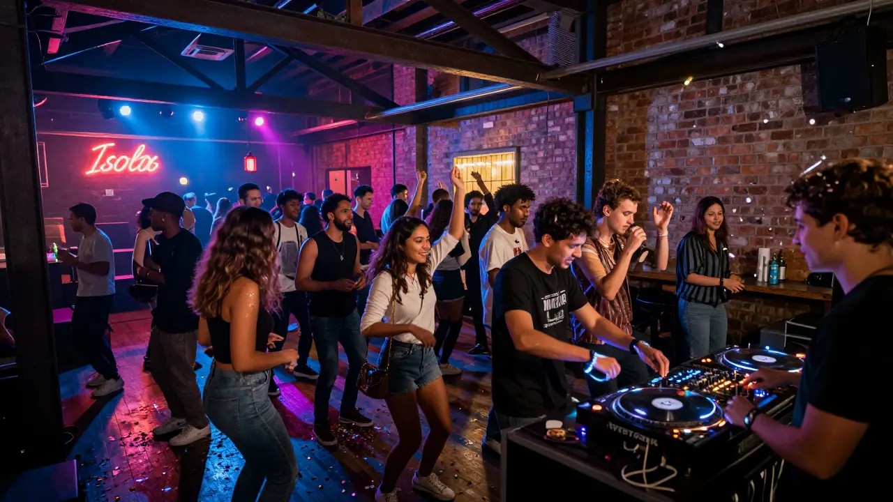 Diverse crowd dancing in a converted warehouse club in Milan under neon and strobe lights.