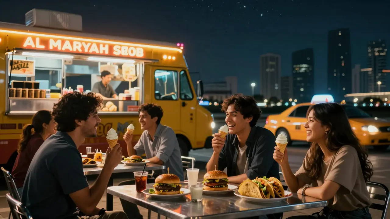 Diverse crowd eating late-night food from colorful trucks under neon signs on a coastal island at night.