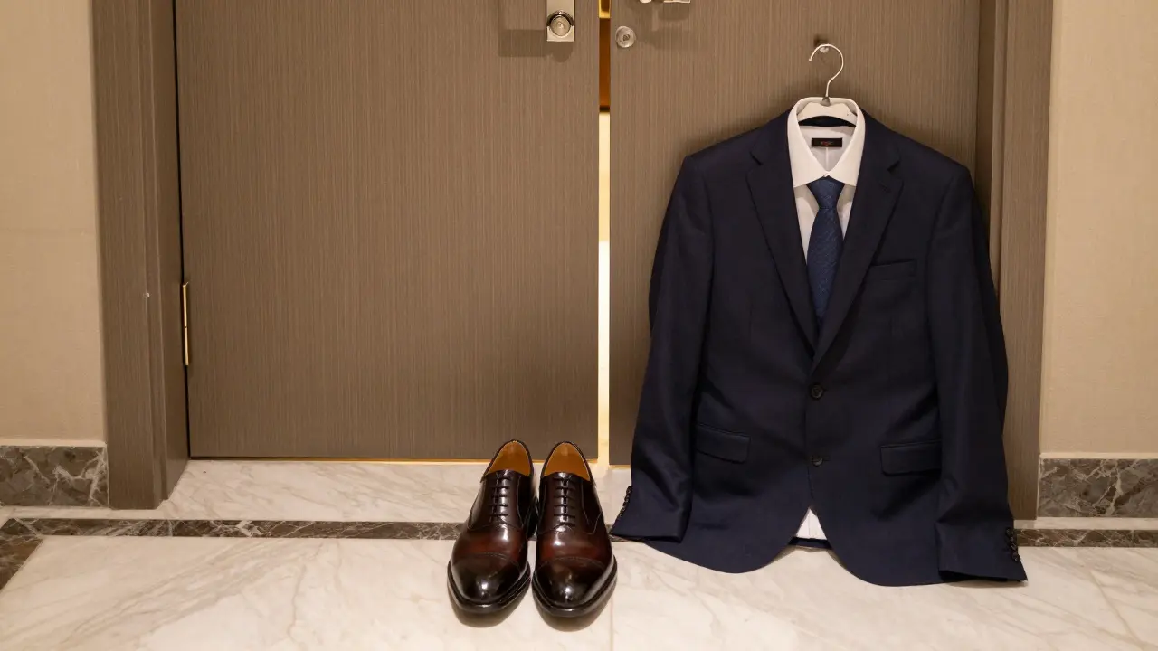 Dress shoes and a blazer placed neatly outside a luxury hotel room door, symbolizing a respectful, private, and punctual encounter in Dubai.