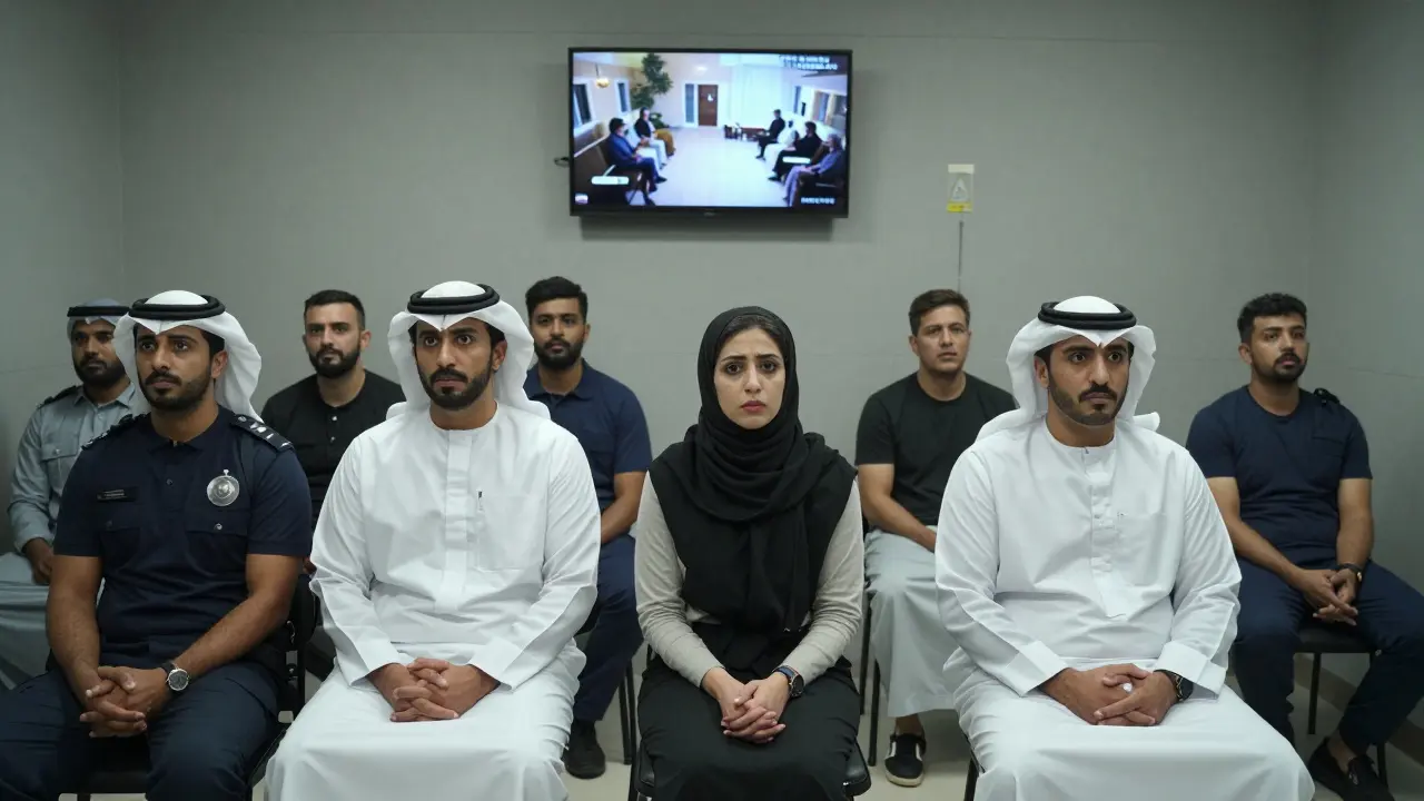 Emirati men and women in a police interrogation room under harsh lights, expressions of shock, with surveillance footage on a wall monitor.