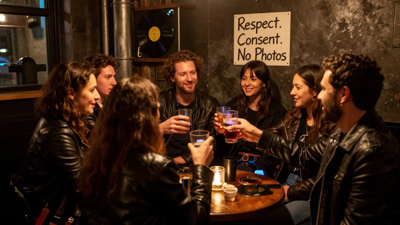 Patrons in leather and harnesses raising glasses in a dim, warm-lit bar, community atmosphere.