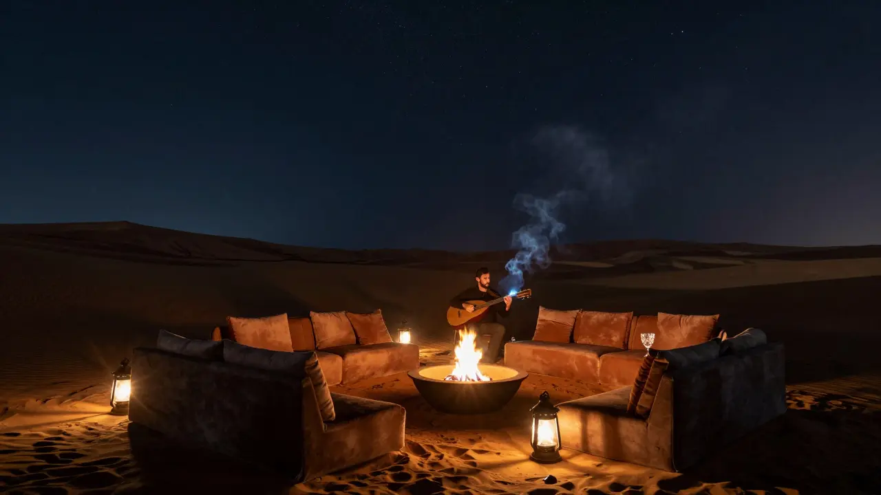Serene desert lounge under a starry sky, with lanterns, velvet sofas, and an oud player playing quietly in the dunes.