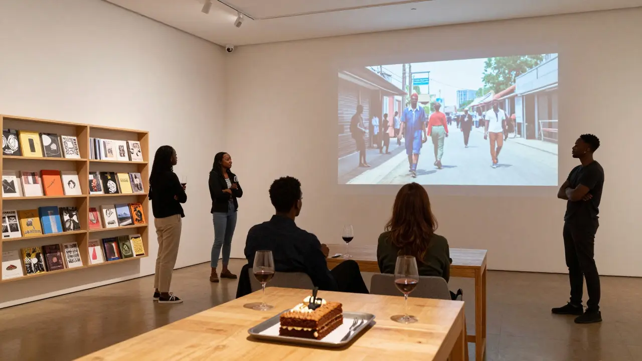 Visitors quietly watch a film screening at the Whitechapel Gallery late at night, sipping wine among art books.